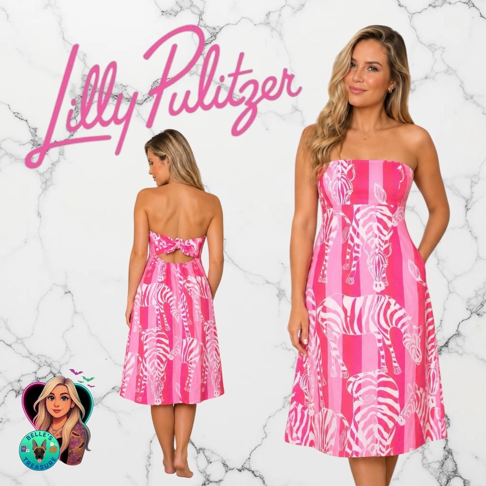 Lilly Pulitzer Women's 4‎ El Casa Loco Pink Zebra Bow Back Halter Dress Vintage